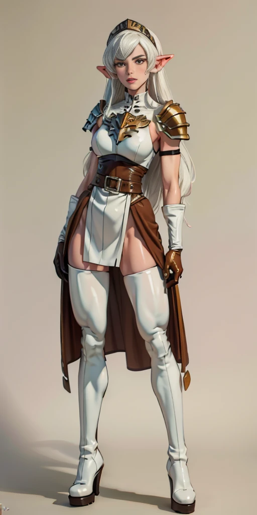 masterpiece, best quality, high quality, white SKIN elf, long hair, white hair, yellow eyes, full body, def_effie, blue breastplate, white skin, looking at viewer, shiny, armor, thigh highs, high boots, shoulder armor, faulds, poleyn, gloves, gauntlets