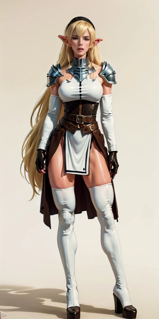 masterpiece, best quality, high quality, white SKIN elf, long hair, white hair, yellow eyes, full body, def_effie, blue breastplate, white skin, looking at viewer, shiny, armor, thigh highs, high boots, shoulder armor, faulds, poleyn, gloves, gauntlets