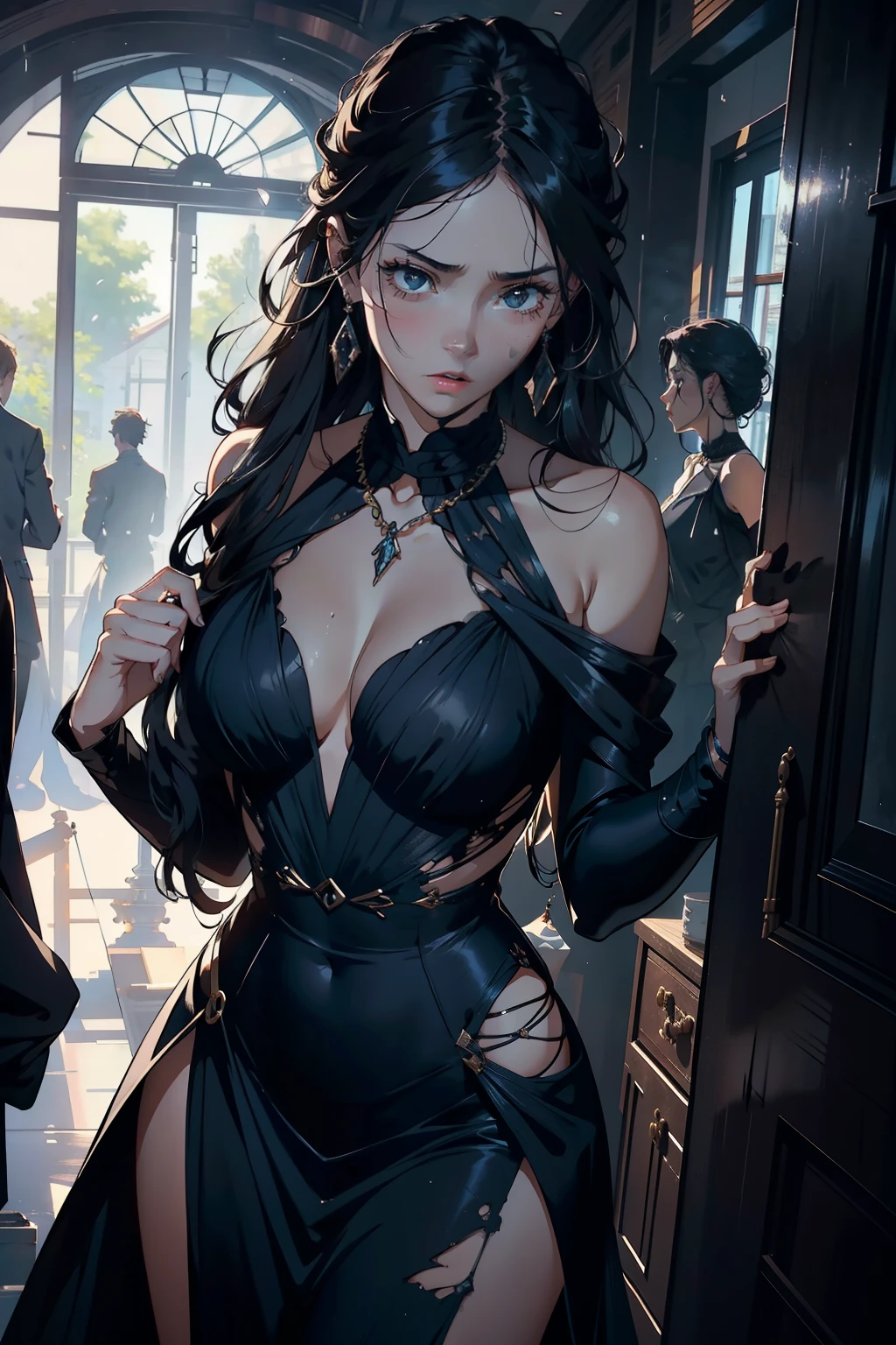 (Masterpiece), High Quality, 1 lady, Young, Black Outfit, Dramatic Moment, Caught in a Crisis, Emotional Intensity, Expressive Face,nabla;, Intentional Losing of a Precious Object,([DeterminedLook], Distraught, [[DeepBreath]], Nervous Tension), (BeadedNecklace, [[Heirloom]], Broken, Fallen), Graceful Movement, (VelvetBlackDress, [[Elegant]], [[Tailored]], [[Form-fitting]]), [[MessyHair]], [[SweatDroplets]], [[TearStreaks]], [[Framed