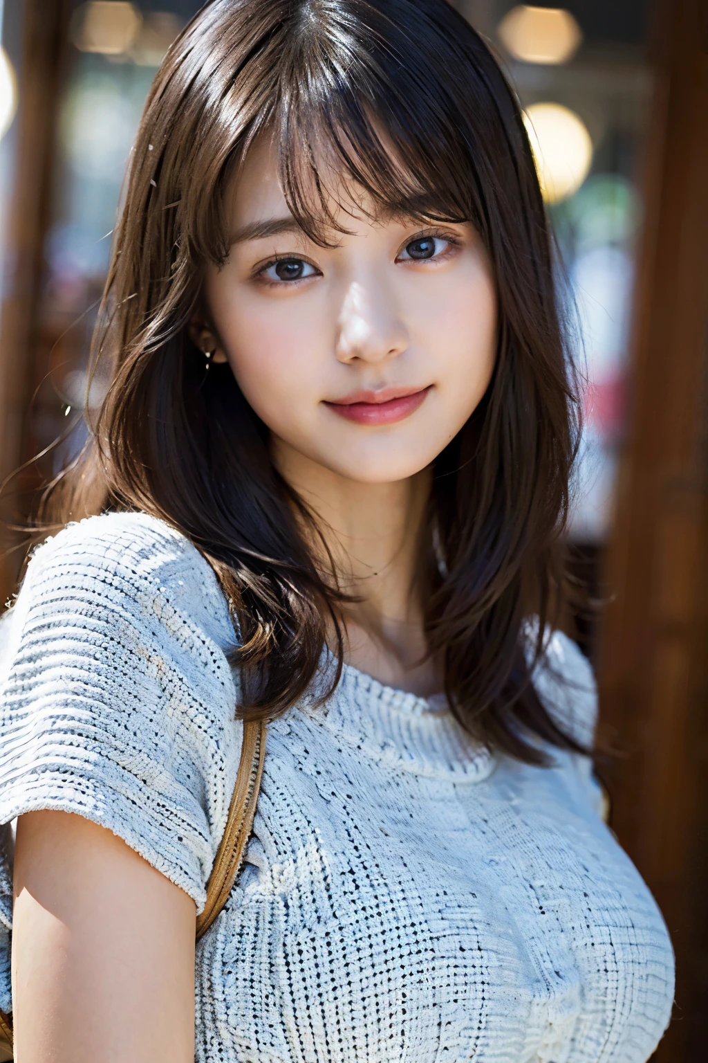 (8k, RAW photo, best quality, masterpiece:1.2), (realistic, photo-realistic:1.37), ultra-detailed, ultra high res,1 girl,looking at viewer,beautiful detailed face,smile,narrow,(slim waist:1.3),shirt, beautiful detailed skin, skin texture, floating hair,professional lighting,
