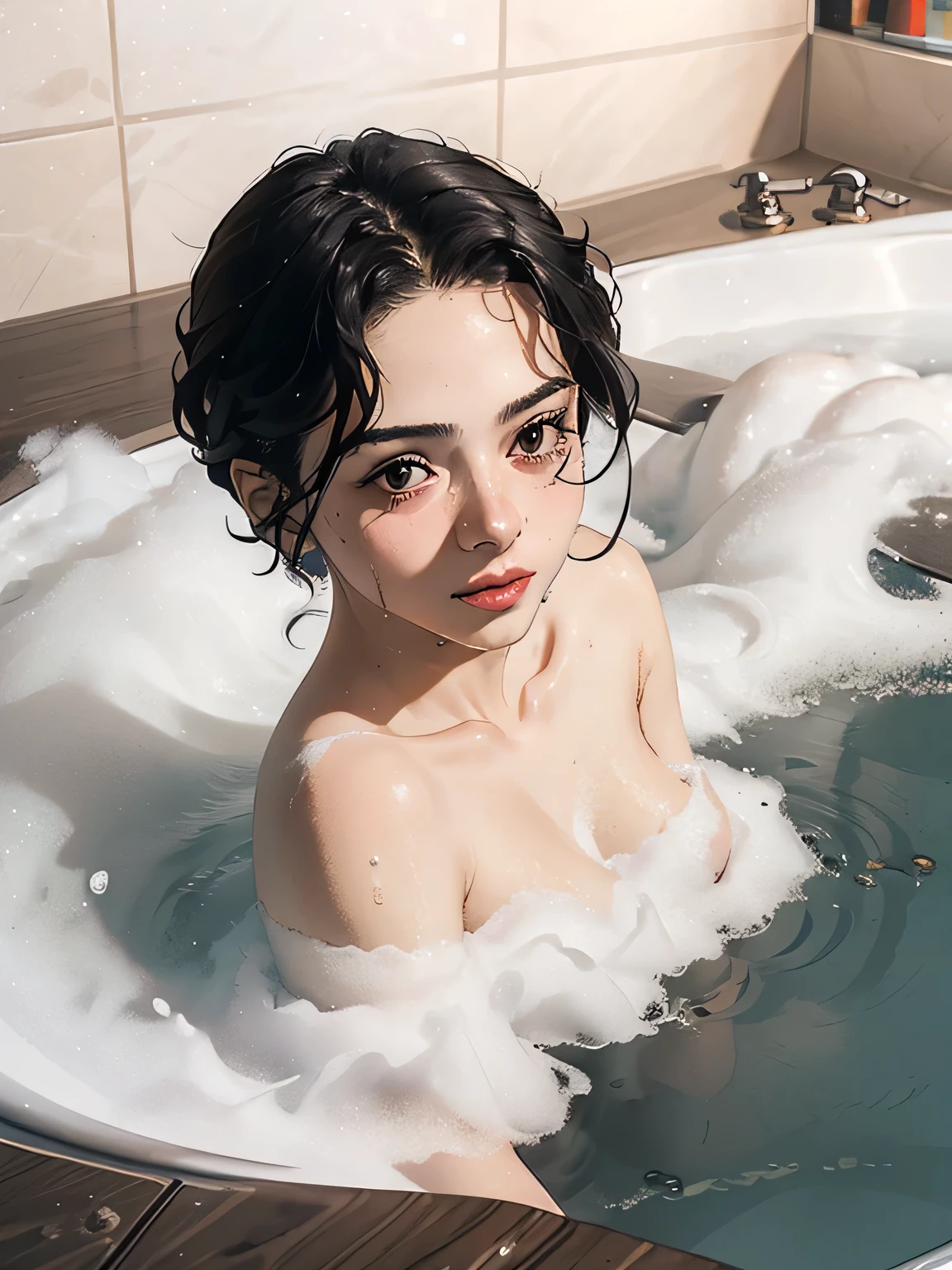 (masterpiece:1.3), (8k, Realistic, RAW Photos, highest quality: 1.4), Absurd, Charm, Ultra-high resolution, Ultra-realistic, Very detailed, Golden Ratio, (Realistic), (Best Shadow), Low contrast, (Complex:1.4), Side lighting, 8K, Beautiful Face, (Realistic Face), Beautiful hairstyle, Realistic eyes, Beautiful fine details, (Realistic Skin), Beautiful Skin, (One girl), ((Sasha Calle)), (Accurate hand and finger depiction), (Black Hair, Handsome Short:1.3), glamorous, (Smile), (Flushed), ((Immersed in the bath up to my shoulders:1.1)), ((Bubble bath:1.3)), ((Completely naked:1.1)), ((I can't see my body in steam:1.1)), (cowboy shot), (Love hotel bath), ((steam:1.4))