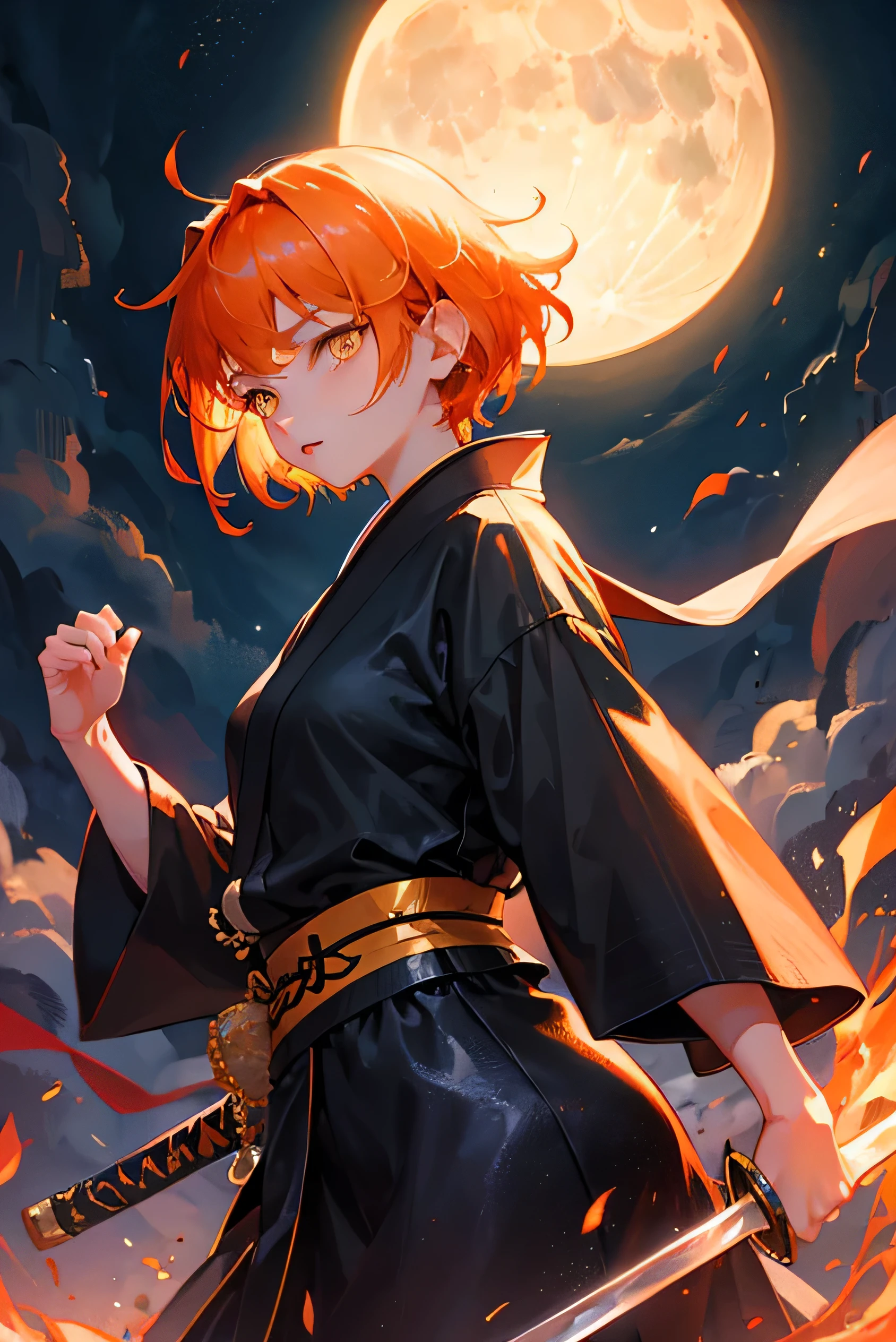 masterpiece, highest quality, so beautiful、up to date、Cool girl, Orange Hair, short hair, Yellow Eyes、Shining Eyes、Adult woman in black kimono holding a sword、Fighting pose、Moonlit Night、Demon slayer、cool、beauty