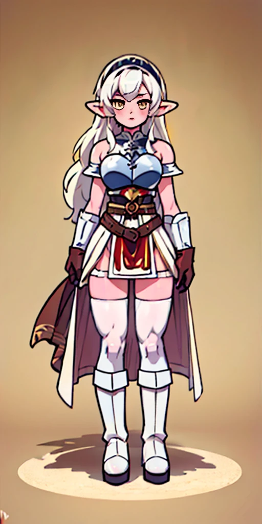 masterpiece, best quality, high quality, white SKIN elf, long hair, white hair, yellow eyes, full body, def_effie, blue breastplate, white skin, looking at viewer, shiny, armor, thigh highs, high boots, shoulder armor, faulds, poleyn, gloves, gauntlets