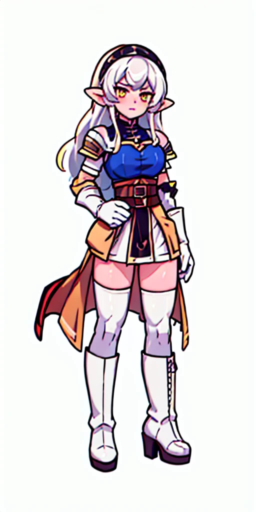 masterpiece, best quality, high quality, white SKIN elf, long hair, white hair, yellow eyes, full body, def_effie, blue breastplate, white skin, looking at viewer, shiny, armor, thigh highs, high boots, shoulder armor, faulds, poleyn, gloves, gauntlets