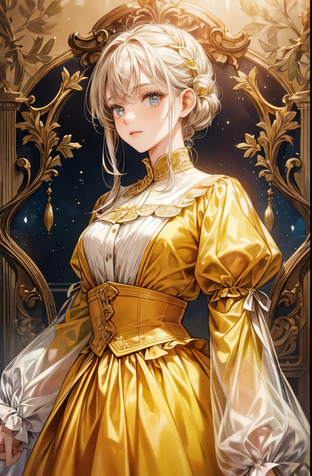 A girl in a baroque-style setting, wearing a long dress with long sleeves. Her attire is elegant and her dress has vibrant colors. The focus of the image is on the girl's upper body. The image should have the highest quality and be ultra-detailed.