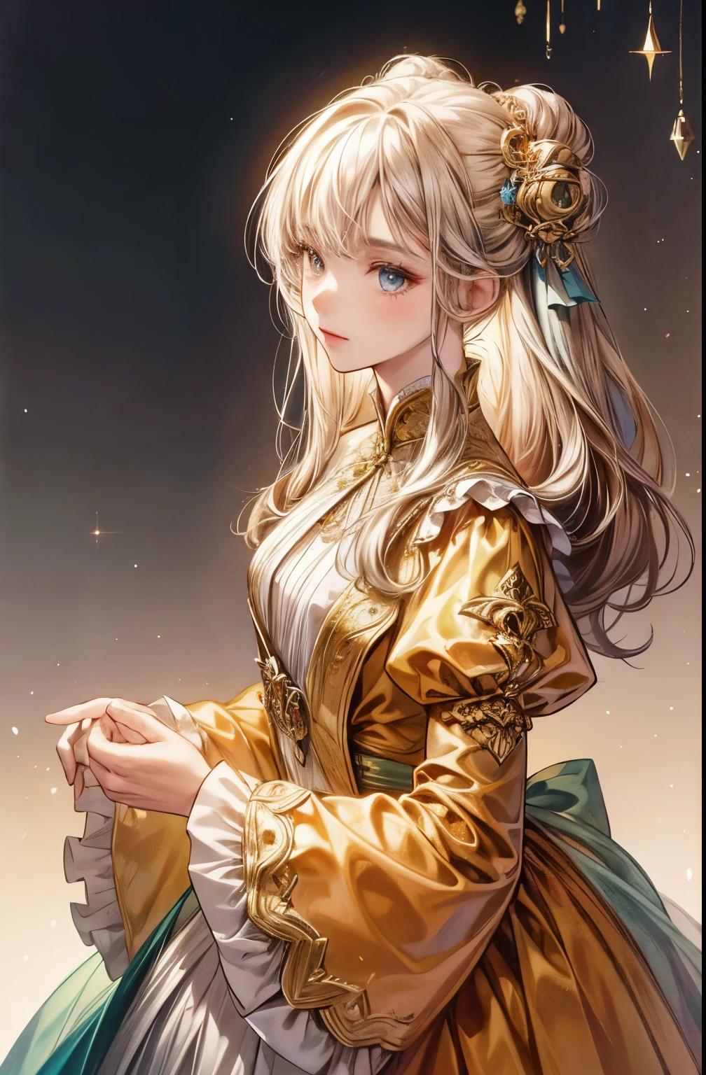 A girl in a baroque-style setting, wearing a long dress with long sleeves. Her attire is elegant and her dress has vibrant colors. The focus of the image is on the girl's upper body. The image should have the highest quality and be ultra-detailed.