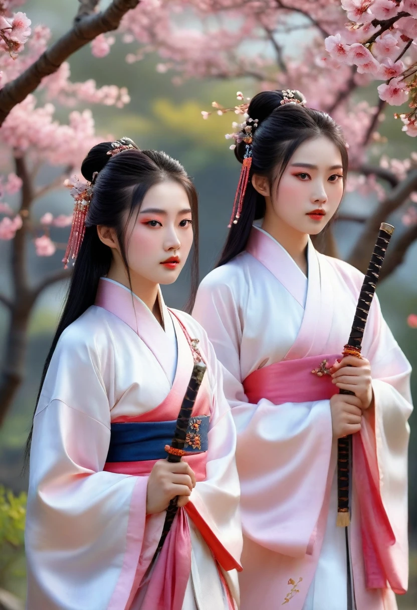 The prompt for the given theme "Best quality, masterpiece, a high resolution,3 girls,Beautiful face,Whole body,chinese clothes,White Taoist robes,hold a sword with your right hand (Gorgeous decoration),peach trees" can be:
"(best quality, high resolution, masterpiece:1.2), 3 girls in beautiful traditional Chinese costumes, with delicate facial features and perfect makeup, holding swords with magnificent decorations in their right hands. They are standing under blooming peach trees. The girls are wearing white Taoist dresses, which flow gracefully in the wind. The scene is captured in vivid colors and sharp focus, creating a visually stunning artwork. The overall composition has a realistic and photorealistic style, enhanced by studio lighting and physically-based rendering. The color palette is dominated by soft pastel tones, creating a dreamlike atmosphere. The lighting is natural and illuminates the girls' faces, highlighting their exquisite beauty."
Please provide the generated prompt。