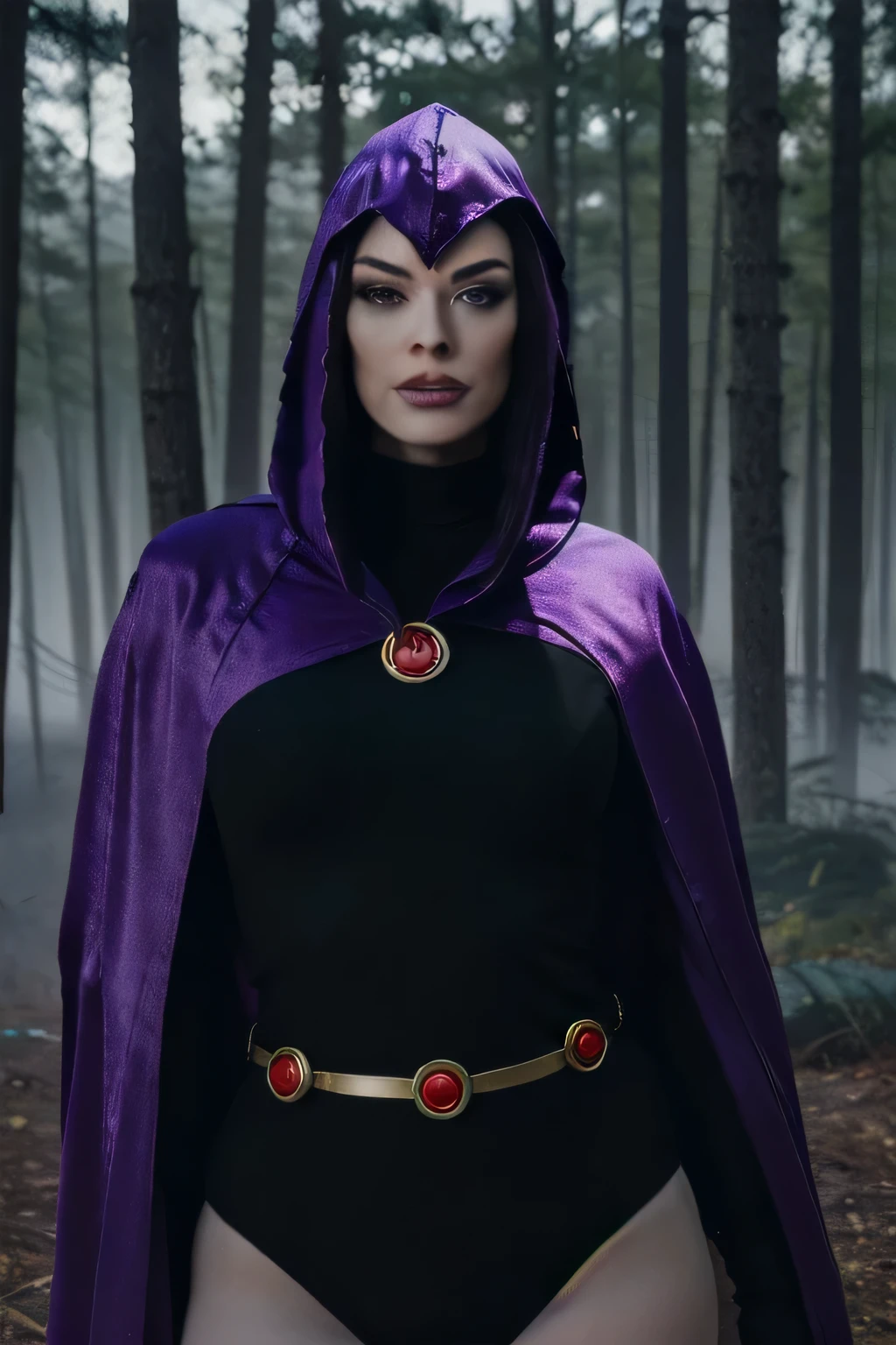 Rose McGowan, RVN cowboy photo, raven_cosplay, Hotraven, woman, Pale skin, black leotard, turtleneck, tights, cape, hood, bright eyes, gold belt, jewelry, medallion, athletic, viewer looking, night, dark forest, mist, fog, volumetric lighting, best quality, masterpiece, intricate details, tonemapping, sharp focus, hyper detailed, trendy on Artstation, realistic, in a seductive pose to please viewer