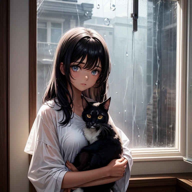 Chica de rizado y negro, su pelo es corto, ella es morena, His eyes are dark brown. She is watching the rain fall through a window while holding her cat who is black with white.