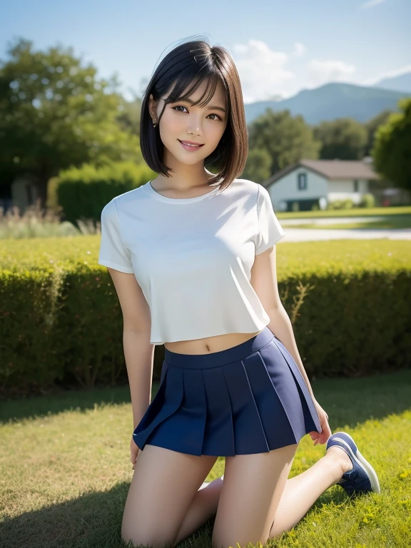 (highest quality:1.5)、(Realistic:1.5)、(1 person:1.5)、Very detailed、High resolution、8k、medium breasts、Natural color lips、Cute Smile、Japanese women、20-year-old girl、Beautiful and elegant face、Perfect and beautiful face、Balanced big eyes、Brunette eyes、Beautiful and elegant face、Natural double eyelids、Natural Bangs、Beautiful thin nose、Beautiful Skin、(Medium Bob Hair)、Natural Bangs、Perfect and beautiful face、Slim face and figure、Summer blue sky、Grass park on the mountain、Look at the viewers、、White short-sleeved blouse shirt, navy pleated micro miniskirt,、Knee-high socks、Beautiful navel、Open the navel、Wearing a school sailor uniform that exposes her navel、(Staring at the camera with a sweet smile)、Bright lighting、Professional Lighting、Forward lighting、Beautiful feet:1.2、Smooth Skin、Slim Body、Slim waistline、slim thin thighs、(Kneeling on the grass)、(Take a photo from slightly below)、Stand on one knee、A lawn with white clover blooming sparsely、Dandelions are blooming sparsely on the lawn、
