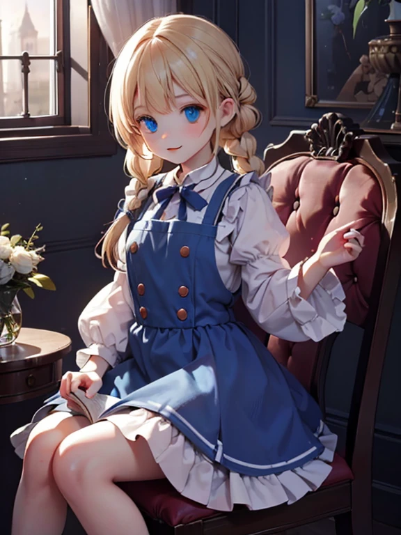 (8k, highest quality, Tabletop:1.2)、Artwork, figure, Wide angle, Ultra-high resolution、Alice in Wonderland, One ****************, Detailed face、blue eyes, Blonde, Braid, Blue Dress, White apron, Clothes with bulging sleeves, Long skirt, In a room with a big clock, A little dark room, Sit on a chair, I read a book