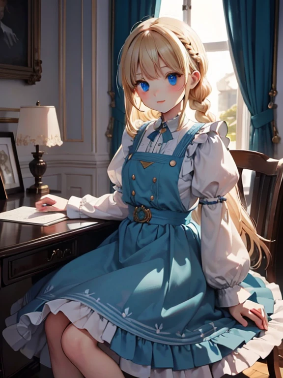 (8k, highest quality, Tabletop:1.2)、Artwork, figure, Wide angle, Ultra-high resolution、Alice in Wonderland, One ****************, Detailed face、blue eyes, Blonde, Braid, Blue Dress, White apron, Clothes with bulging sleeves, Long skirt, In a room with a big clock, A little dark room, Sit on a chair, I read a book