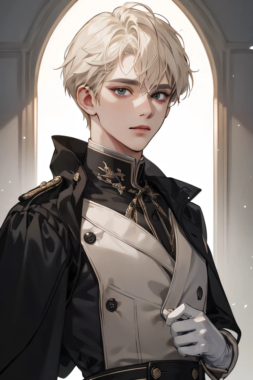 Prince, young Man, male, 1boy, manly, shine, depicting Equal eyes, black eyes (A Male god) Look at camera, depicting delicate facial features, white uniform victorian, white gloves, gothic style, ribbon, platinum blonde short curl hair, extreme detail, delicate depiction, light, black eyes, royal, elegant, noble, royal dress, black eyes, platinum blonde short curl hair, black eyes, black eyes, perfect eyes,