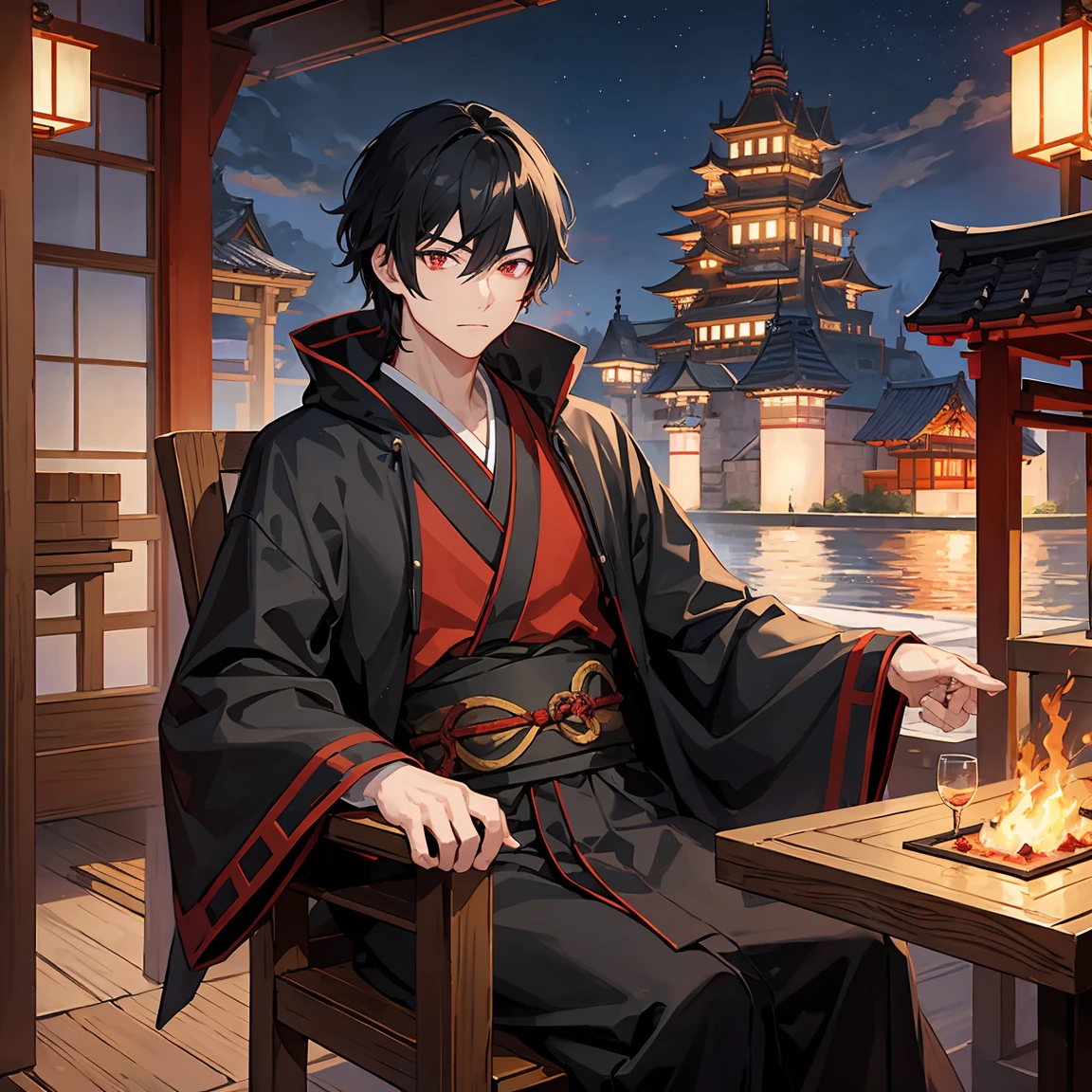 1 men,black hair,red eyes,black kimono,combat knife,fantasy,japanese Castle,1 table,cowboy shot,night,flame in eyes,sitting on chair,Relaxing,clear sky