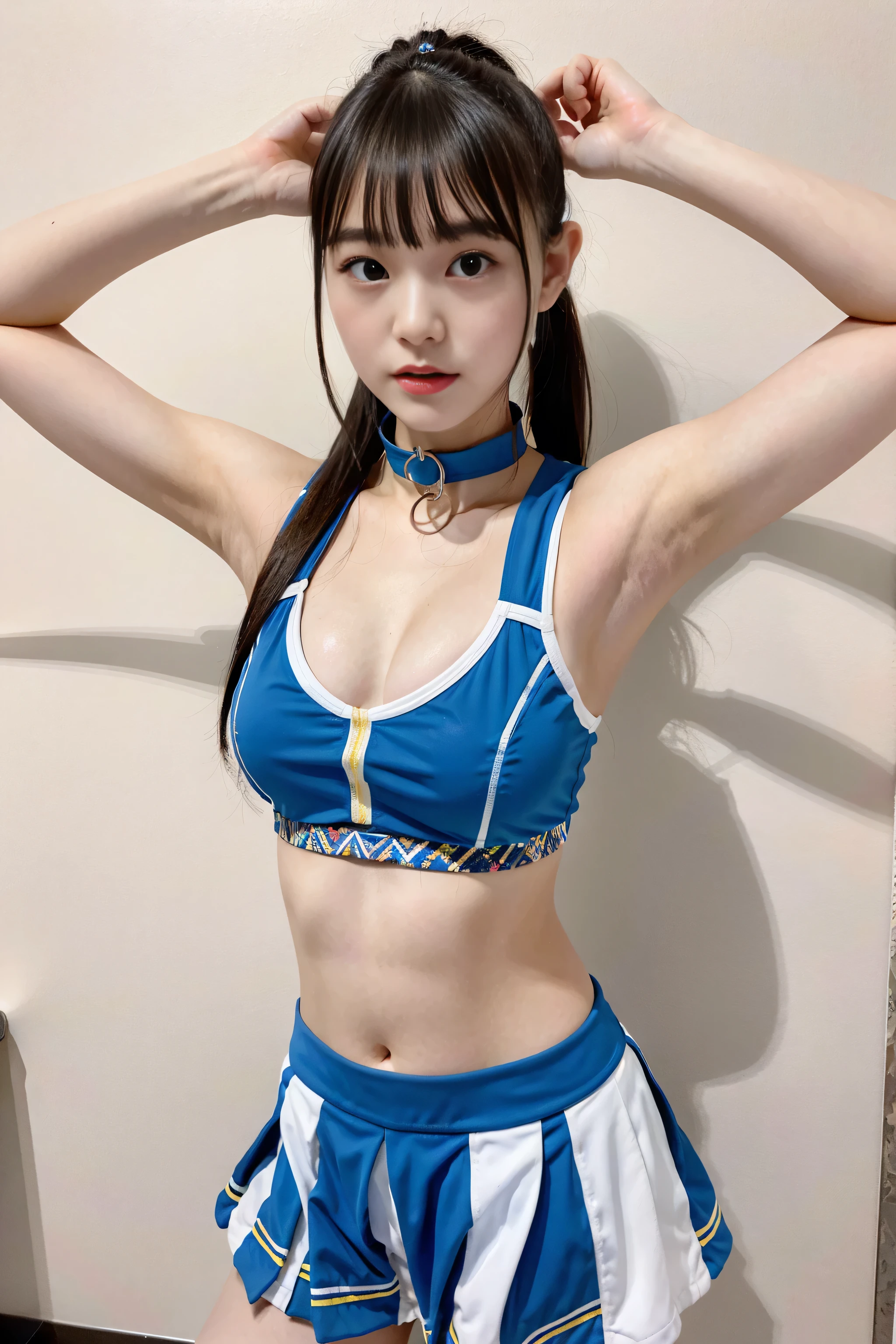 (8x_NMKD-Superscale_150000_G),(8K, Super high quality,highest quality),(masterpiece:1.5),(cowboy shot),one cheerleaders trained by master, , standing in correct posture, (Metal Collar), (Blue sports bra, navel bare, Blue panties and irt), Become the master's personal cheerleader and obey him faithfully
