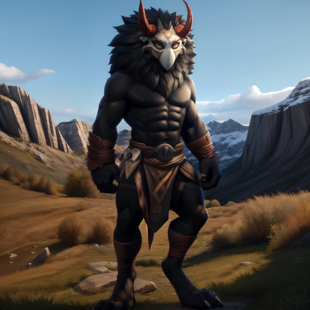 mitachurl, solo, male, mask, (pose:1.3), (posing:1.3), (soft shading), 4k, hi res, ((detailed face, detailed eyes, detailed)), (full body), by zackarry911, by zaush, (by personalami:0.5), meadow, 1boy, standing, male focus, abs, loincloth