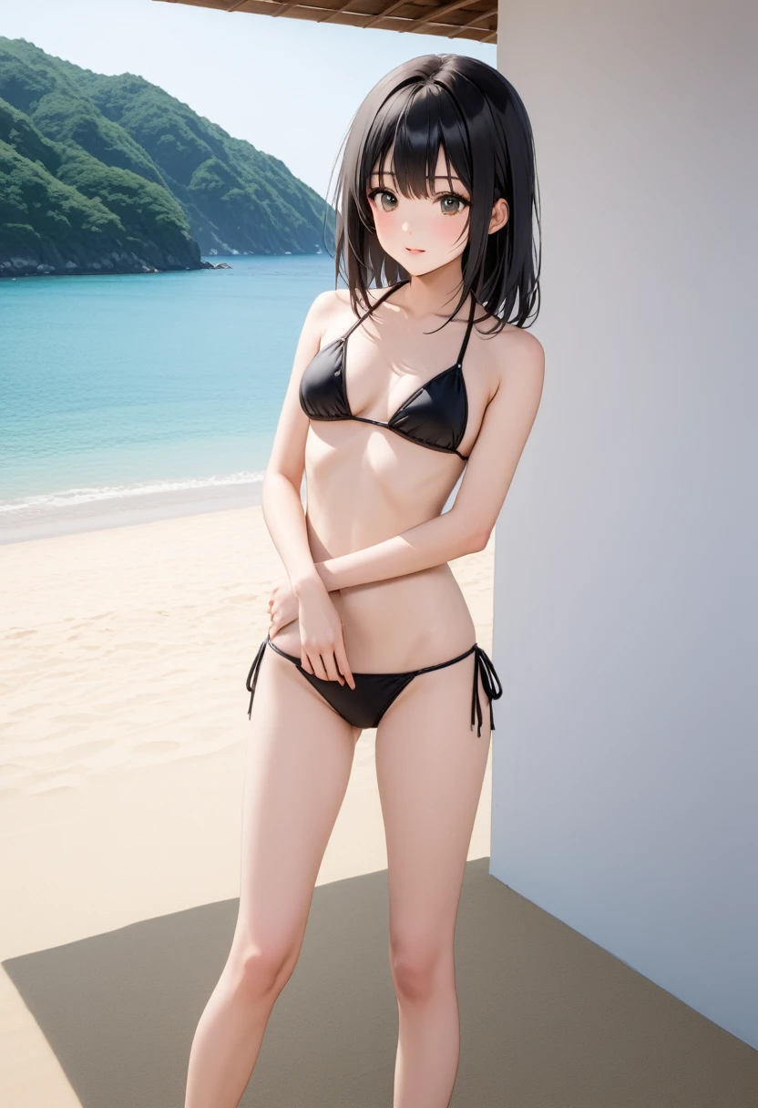 beach、Japanese long black hair girl、String Bikini、Are standing