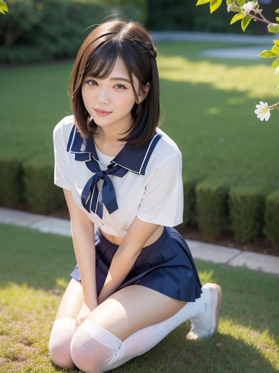 (highest quality:1.5)、(Realistic:1.5)、(1 person:1.5)、Very detailed、High resolution、8k、medium breasts、Natural color lips、Cute Smile、Japanese women、20-year-old girl、Beautiful and elegant face、Perfect and beautiful face、Balanced big eyes、Brunette eyes、Beautiful and elegant face、Natural double eyelids、Natural Bangs、Beautiful thin nose、Beautiful Skin、(Medium Bob Hair)、Natural Bangs、Perfect and beautiful face、Slim face and figure、Summer blue sky、Grass park on the mountain、Look at the viewers、、White short-sleeved blouse shirt, navy pleated micro miniskirt,、Knee-high socks、Beautiful navel、Open the navel、Wearing a school sailor uniform that exposes her navel、(Staring at the camera with a sweet smile)、Bright lighting、Professional Lighting、Forward lighting、Beautiful feet:1.2、Smooth Skin、Slim Body、Slim waistline、slim thin thighs、(Kneeling on the grass)、(Take a photo from slightly below)、Stand on one knee、A lawn with white clover blooming sparsely、Dandelions are blooming sparsely on the lawn、Large ribbon on the chest、
