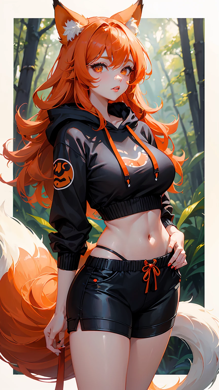 1Woman milf fox demihuman in forest "Giant breasts" + "wide hips" + " tiny waist" + "white eyes" + "Cat legs" + " Long orange Hair" +"Red Lips" + two furry tails + "Lucious Lips"”) outfit: (Black shorts, black hoodie) patas de gato, piernas de gato