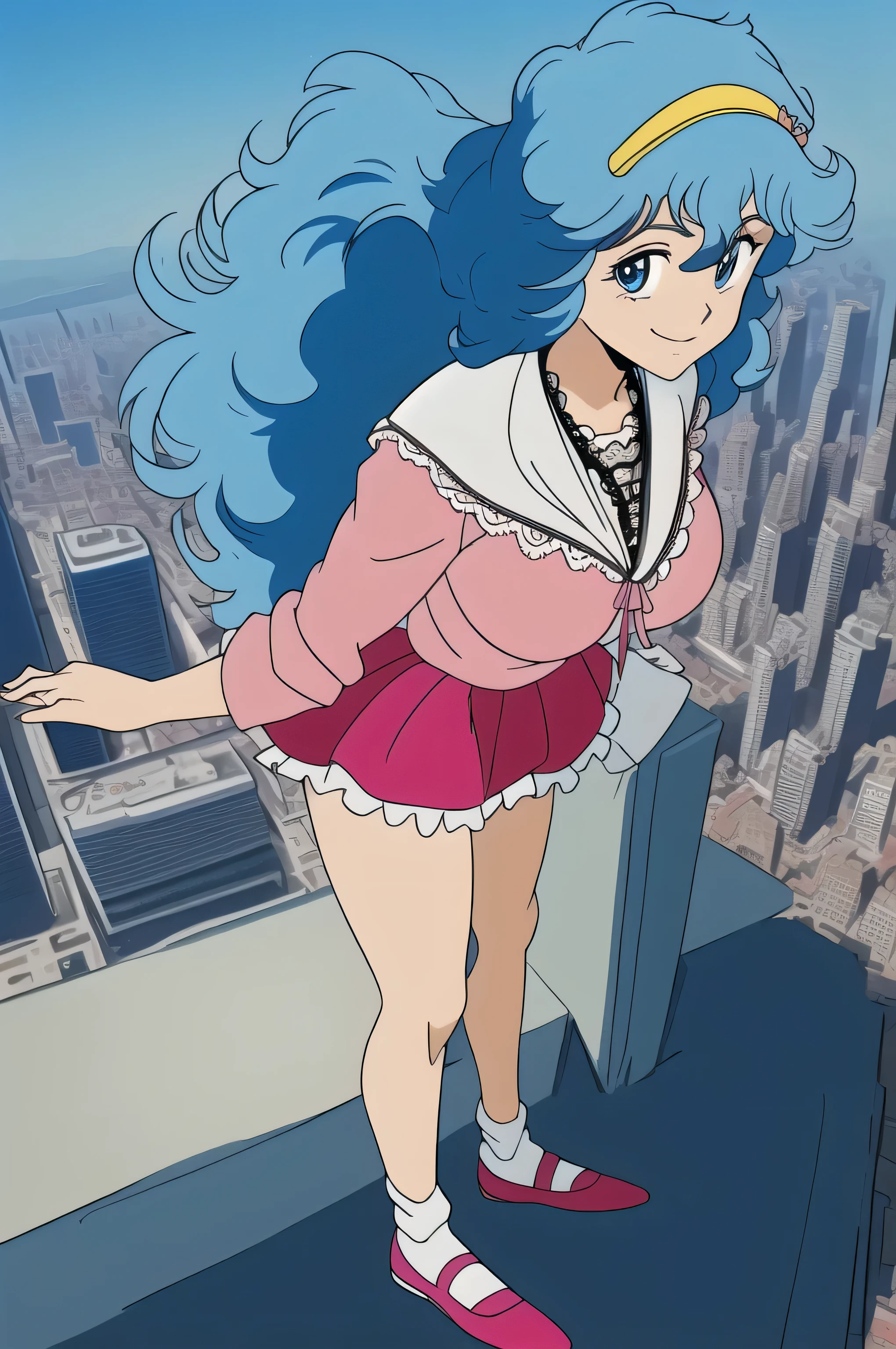 (Masterpiece, top quality, highly detailed, 16k anime high resolution, anime style, clean brush strokes, highly detailed, anatomically perfect body), ((Hayami)), solo, perfect face, beautiful smile , Beautiful detailed eyes, slightly droopy , Blue eyes, (blue hair, long hair, waves), Glamorous body, (Big breasts: 1.2), (Bra, lace, with frills), (High-leg panties, (pink), wide hips: 1.4, big butt: 1.4, high body, beautiful legs, (standing, front), facing the viewer, (city background), photo taken above the knees, taken from a low angle,