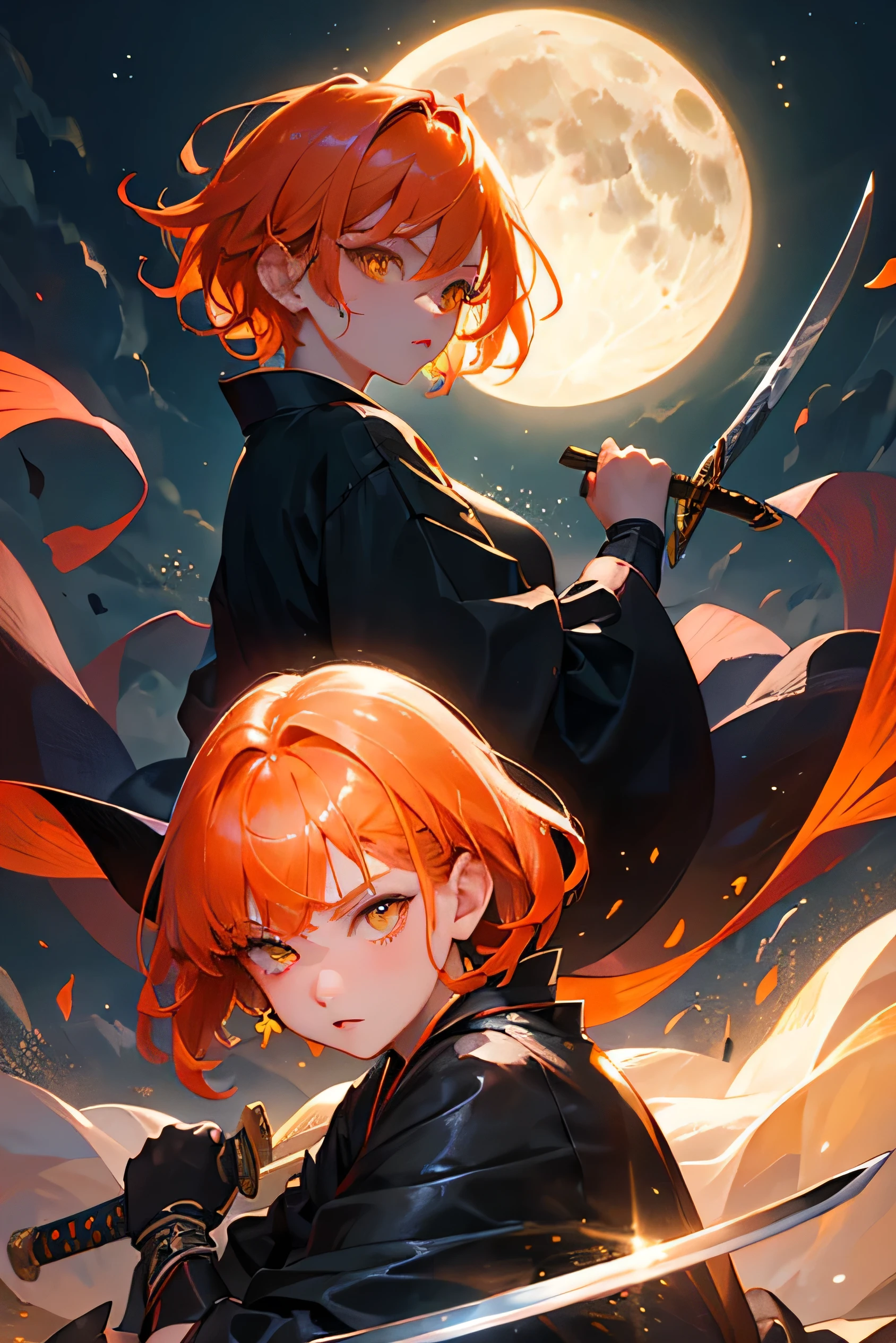 masterpiece, highest quality, so beautiful、up to date、Cool girl, Orange Hair, short hair, Yellow Eyes、Shining Eyes、Adult woman in black kimono holding a sword、Fighting pose、Moonlit Night、Demon slayer、cool、beauty、Face close-up