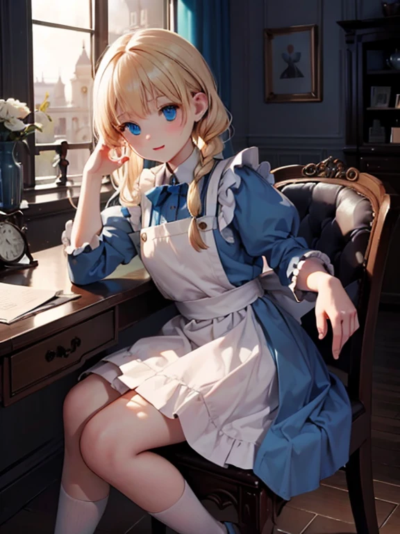 (8k, highest quality, Tabletop:1.2)、Artwork, figure, Wide angle, Ultra-high resolution、Alice in Wonderland, One ****************, Detailed face、blue eyes, Blonde, Braid, Blue Dress, White apron, Clothes with bulging sleeves, Long skirt, In a room with a big clock, A little dark room, Sit on a chair, I read a book