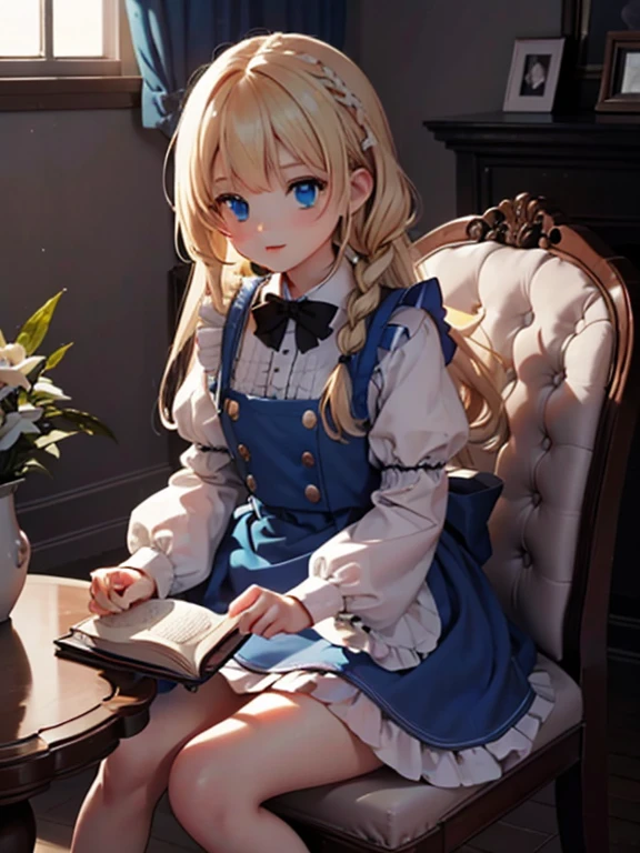 (8k, highest quality, Tabletop:1.2)、Artwork, figure, Wide angle, Ultra-high resolution、Alice in Wonderland, One ****************, Detailed face、blue eyes, Blonde, Braid, Blue Dress, White apron, Clothes with bulging sleeves, Long skirt, In a room with a big clock, A little dark room, Sit on a chair, I read a book