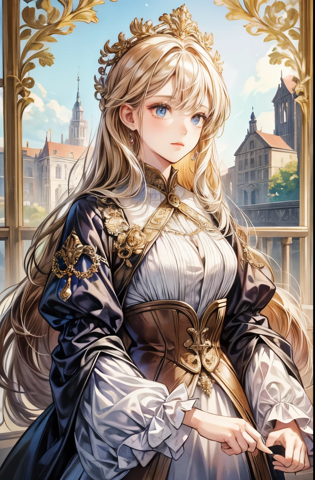 A girl in a baroque-style setting, wearing a long dress with long sleeves. Her attire is elegant and her dress has vibrant colors. The focus of the image is on the girl's upper body. The image should have the highest quality and be ultra-detailed.