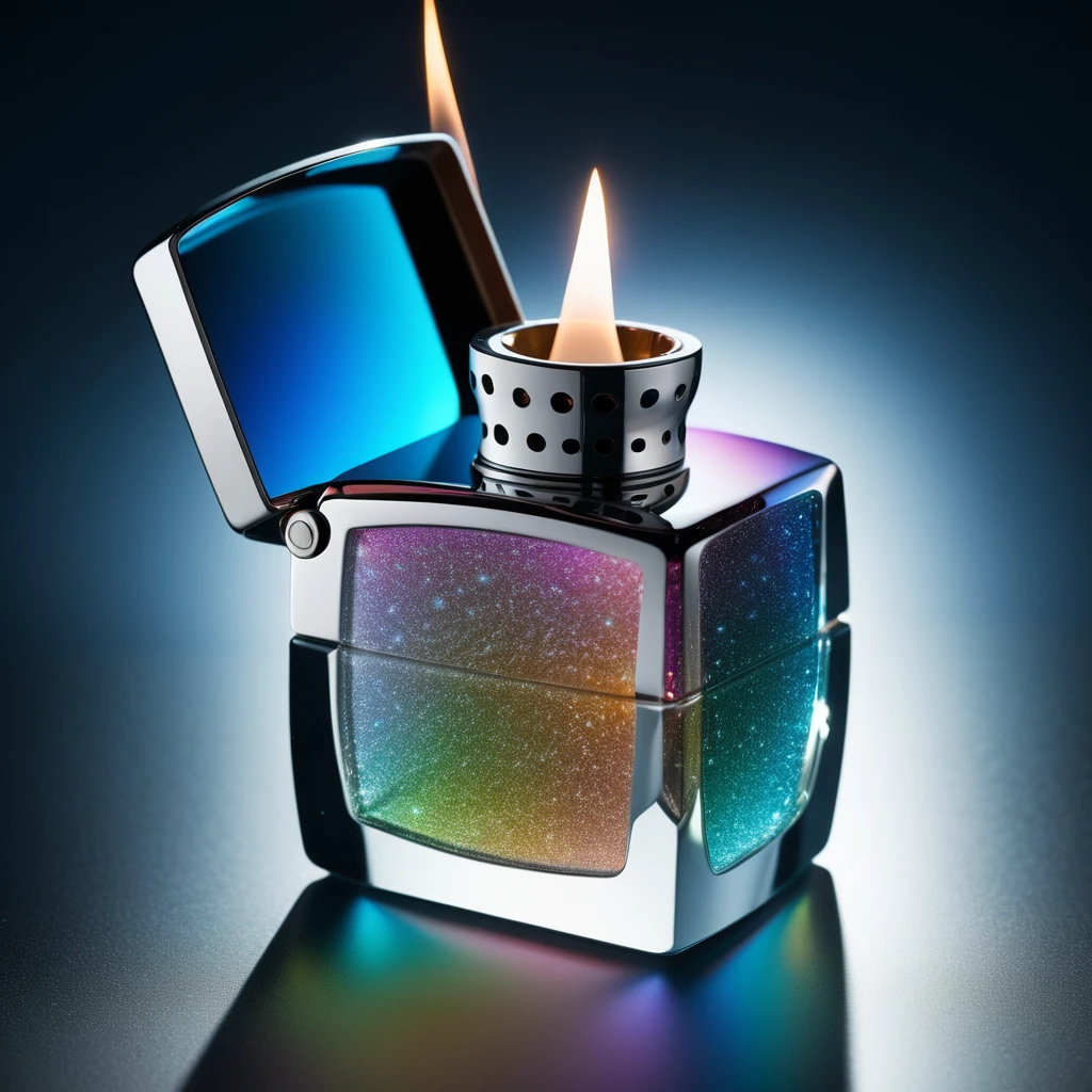 product photography , A Zippo encased in a crystalline cube, capturing beams of refracted light that create a mesmerizing display, crystalline cube:0.9, refracted light:0.8, mesmerizing display:0.7. 