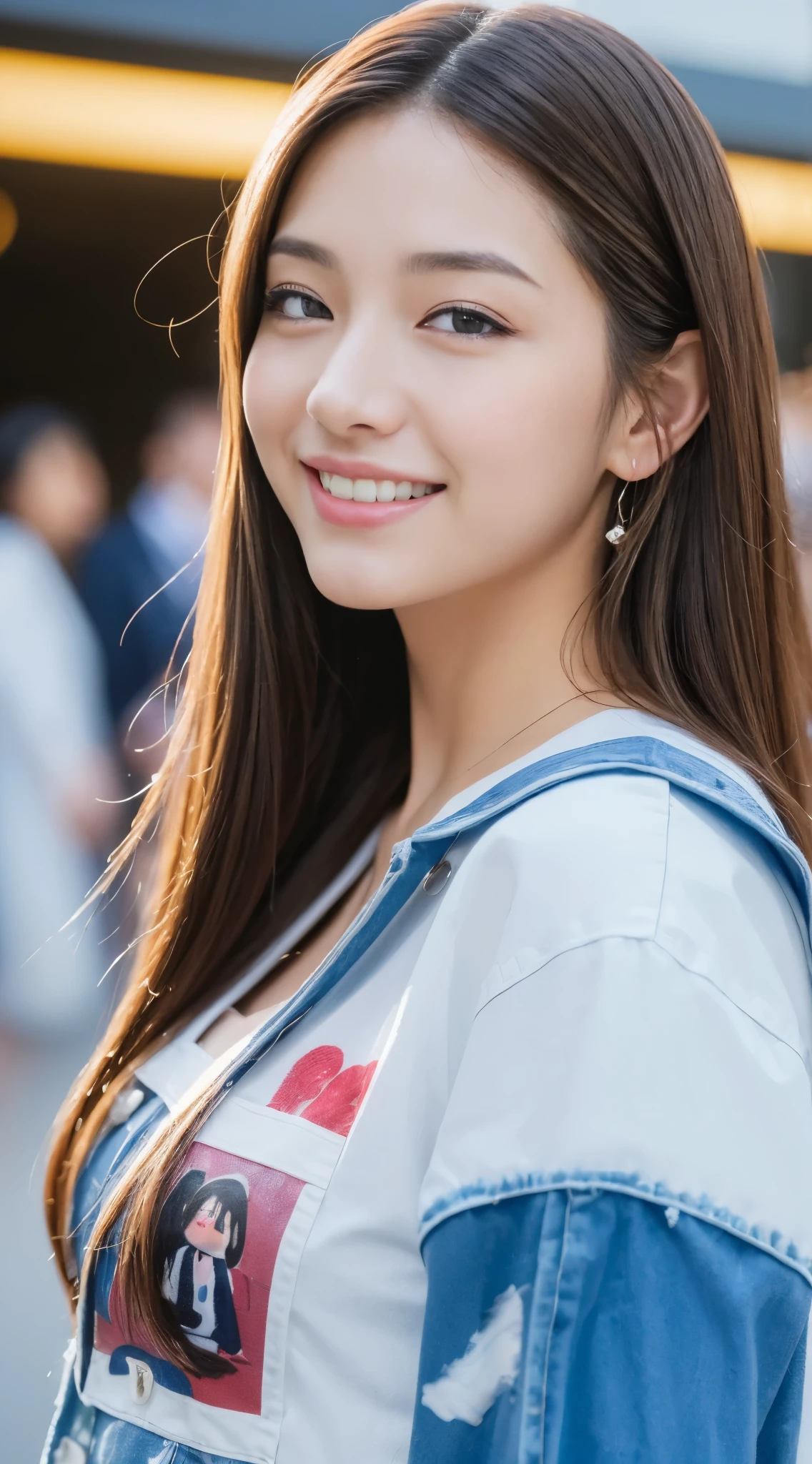 ((top-quality、8K、masterpiece:1.3))、1girl in、A smile、full body Esbian、Slim Faces、Pretty women、(dark brown hair)、Street fashion、hyperdetailed face、A detailed eye、double eyelid、blured background、Slim Faces、City、takeout、a street、Hands behind your back、(huge-ed:1.3), Japan Idols、cute little、heavy eye makeup、a blond
