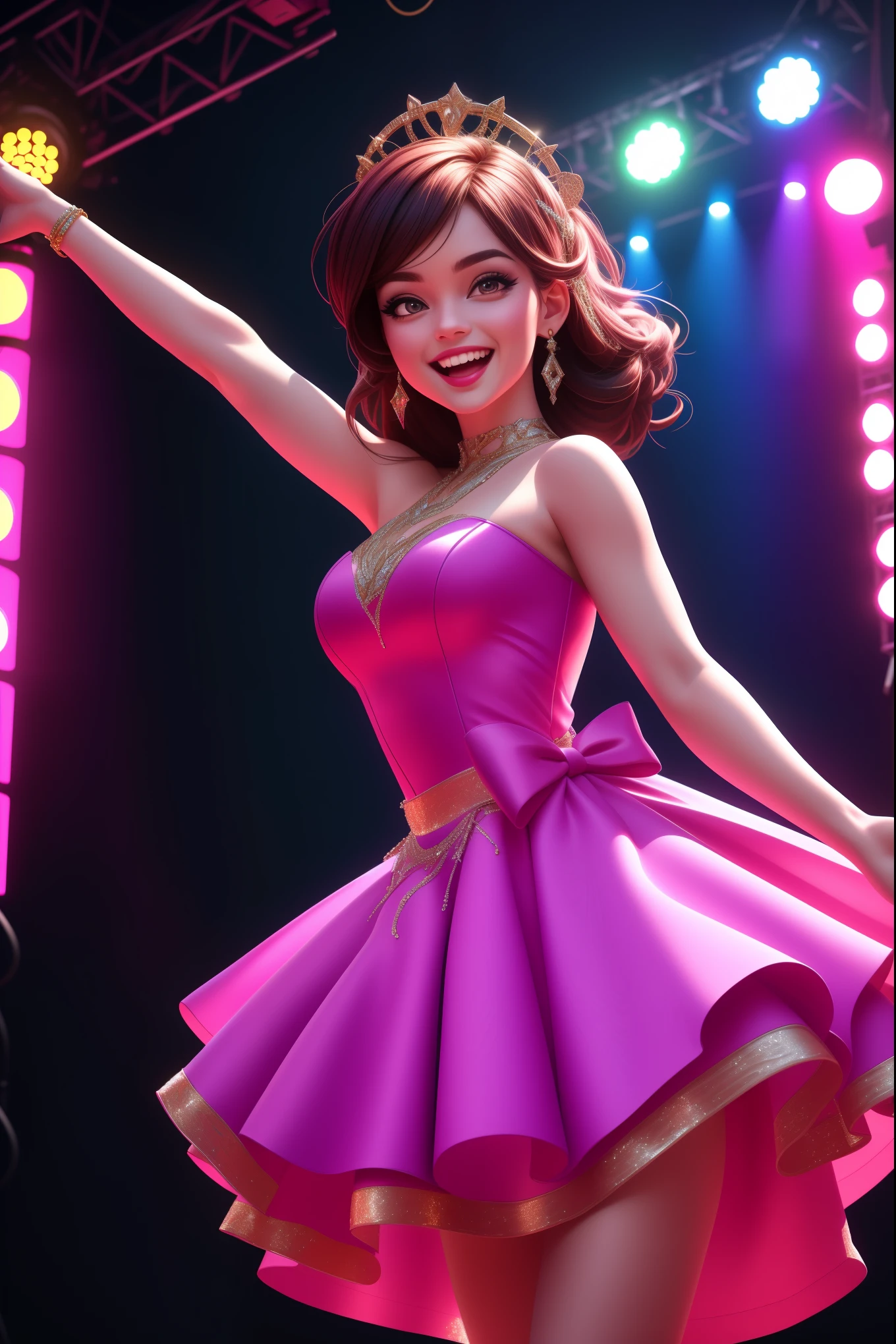 Idol in idol costume jumping on stage, excited, smiling with mouth wide open, wearing formal dress, under spotlight, shining, (best quality,4k,8k,highres,masterpiece:1.2),ultra-detailed,(realistic,photorealistic,photo-realistic:1.37), HDR,UHD,studio lighting,extreme detail description,professional,vivid colors,bokeh, portraits, vivid color tones, theatrical lighting