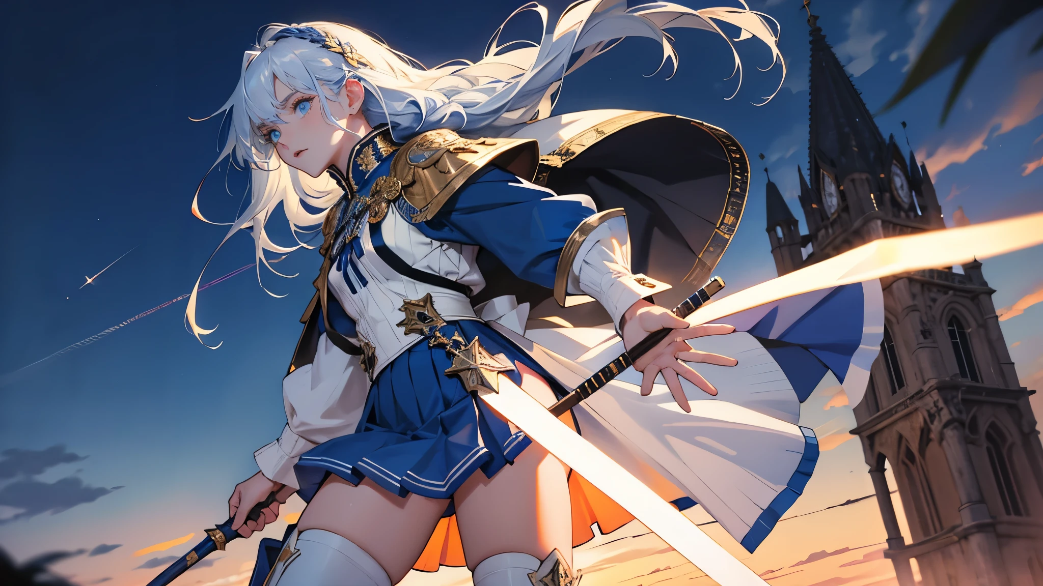 masterpiece, ultra detailed, 8k portrait, RAW photo, portrait photography, highly detailed face, beautiful and meticulous eyes, dark blue hair, long hair, blue eyes, white hair ribbon, orange military uniform, green pleats mini skirt, white ????? armor, white tights, half boots, standing, (equip a beam sabel:1.5), by the old castle, in mid night,