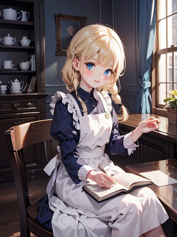 (8k, highest quality, Tabletop:1.2)、Artwork, figure, Ultra-high resolution、Alice in Wonderland, One -yeld gi Detailed face、blue eyes, Blonde, Braid, Blue Dress, White apron, Clothes with bulging sleeves, Long skirt, In a room with a big clock, A little dark room, Sit on a chair, I read a book