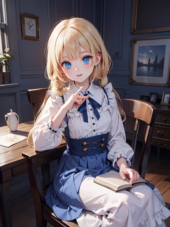 (8k, highest quality, Tabletop:1.2)、Artwork, figure, Ultra-high resolution、Alice in Wonderland, One ****************, Detailed face、blue eyes, Blonde, Braid, Blue Dress, White apron, Clothes with bulging sleeves, Long skirt, In a room with a big clock, A little dark room, Sit on a chair, I read a book