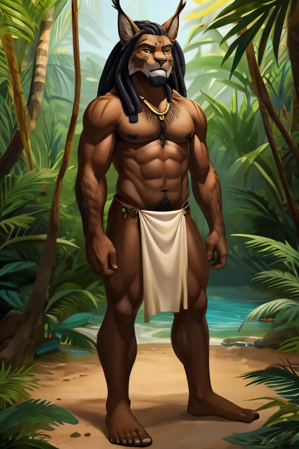 Athletic frame lynx, male, African, with toned torso, anthro, hairy_chest, brown skin, simple loincloth, plantigrade feet, dilf, long untrimmed dreadlocks, jungle tree