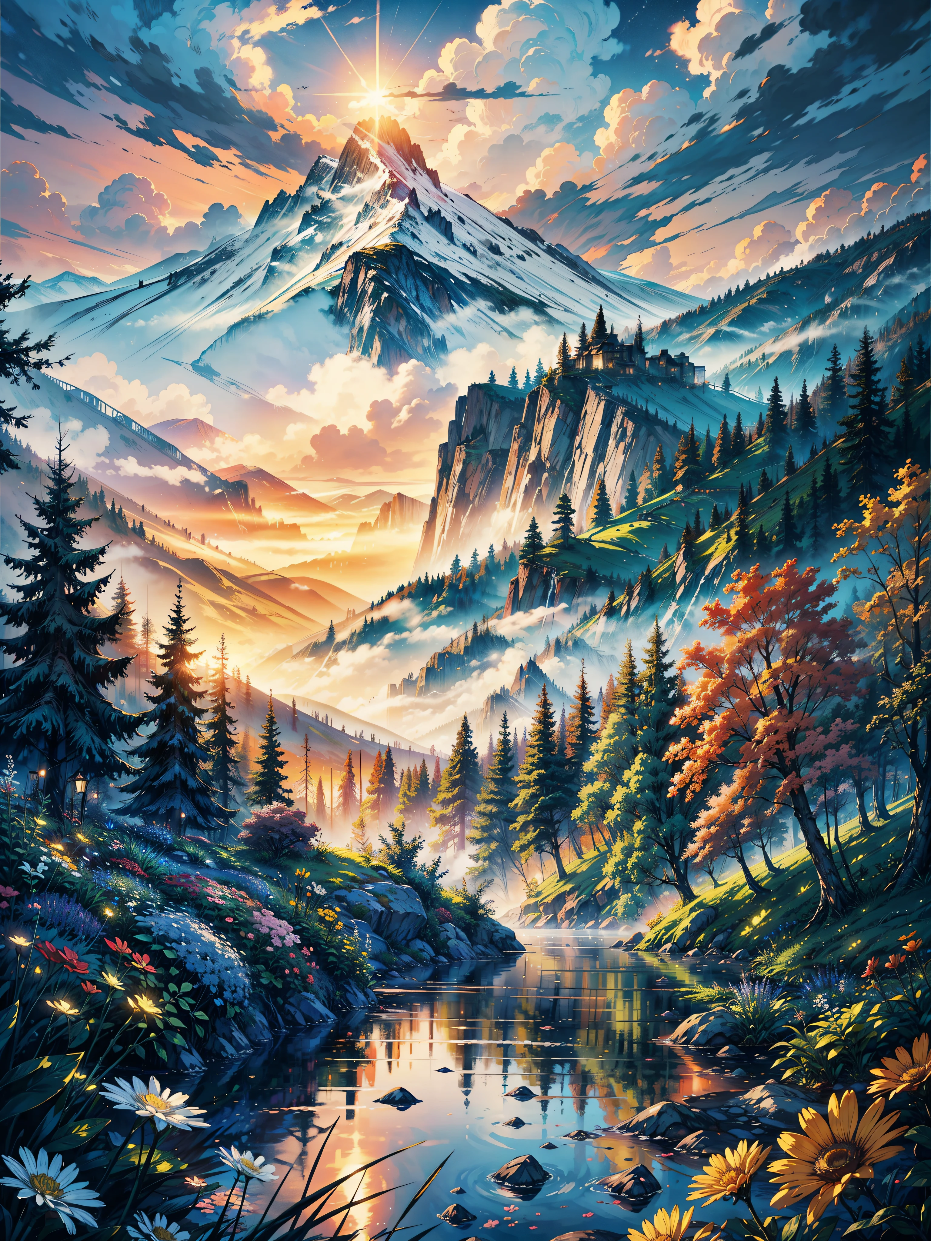 a warm scenary, gorgeous, dark, life, nature, flowers, water, gorgeous tree,mountain, vast sky, valleis, fog, spectral,magic, happy,relaxing, lofi, sunset, cozy, superior, artistic, clouds, dynamic, rich composition, intricate, detailed, ,landscape, digital art, love, colorful, heaven clouds,beautiful sky,, accommodate,