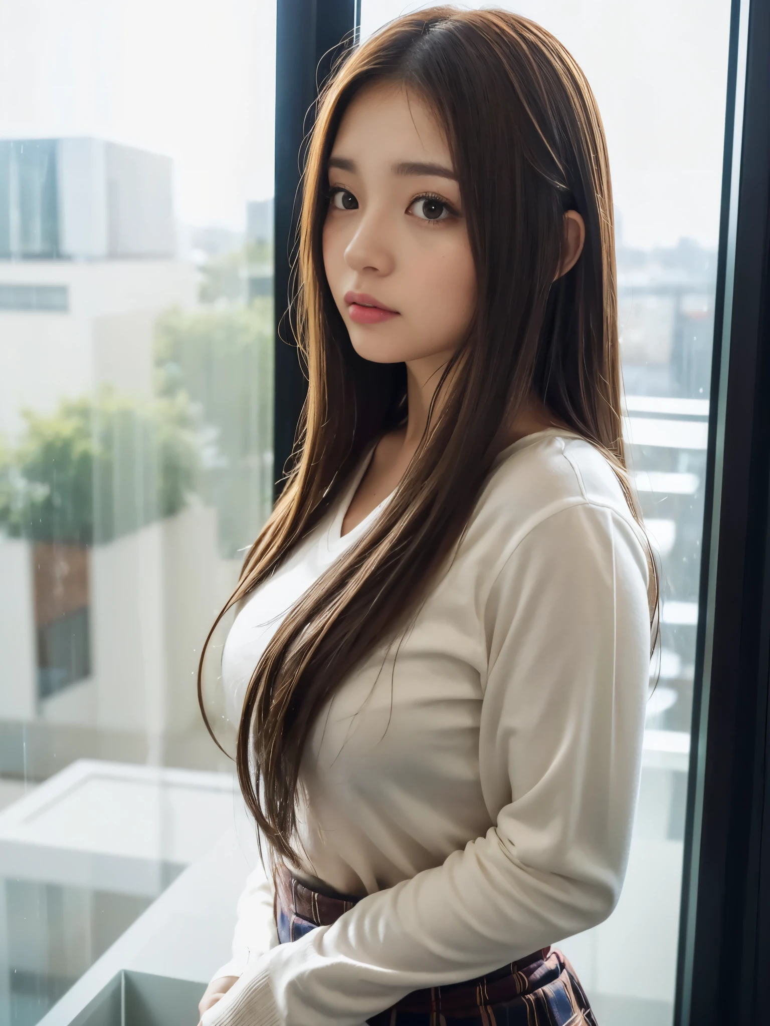 A beautiful Japanese shy girl, age 18 years old, long brown hair, brown big eyes, shiny lip, shiny hair, wearing long sleeve v-neck white shirts, plaid skirt, she is on the huge window, rainy scape, she is looking out the window, The background is very blurry, whole body picture,