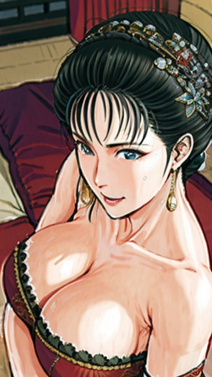 (best quality), (very aesthetic), (ultra-detailed), (best illustration),NSFW,a mature female,Perfect Face,Suikoden,Mrs. Lin,(full_body),big breast,red cheek,Sweating,skinny, chinese traditional lingerie,chinese traditional style bed,Looking down
