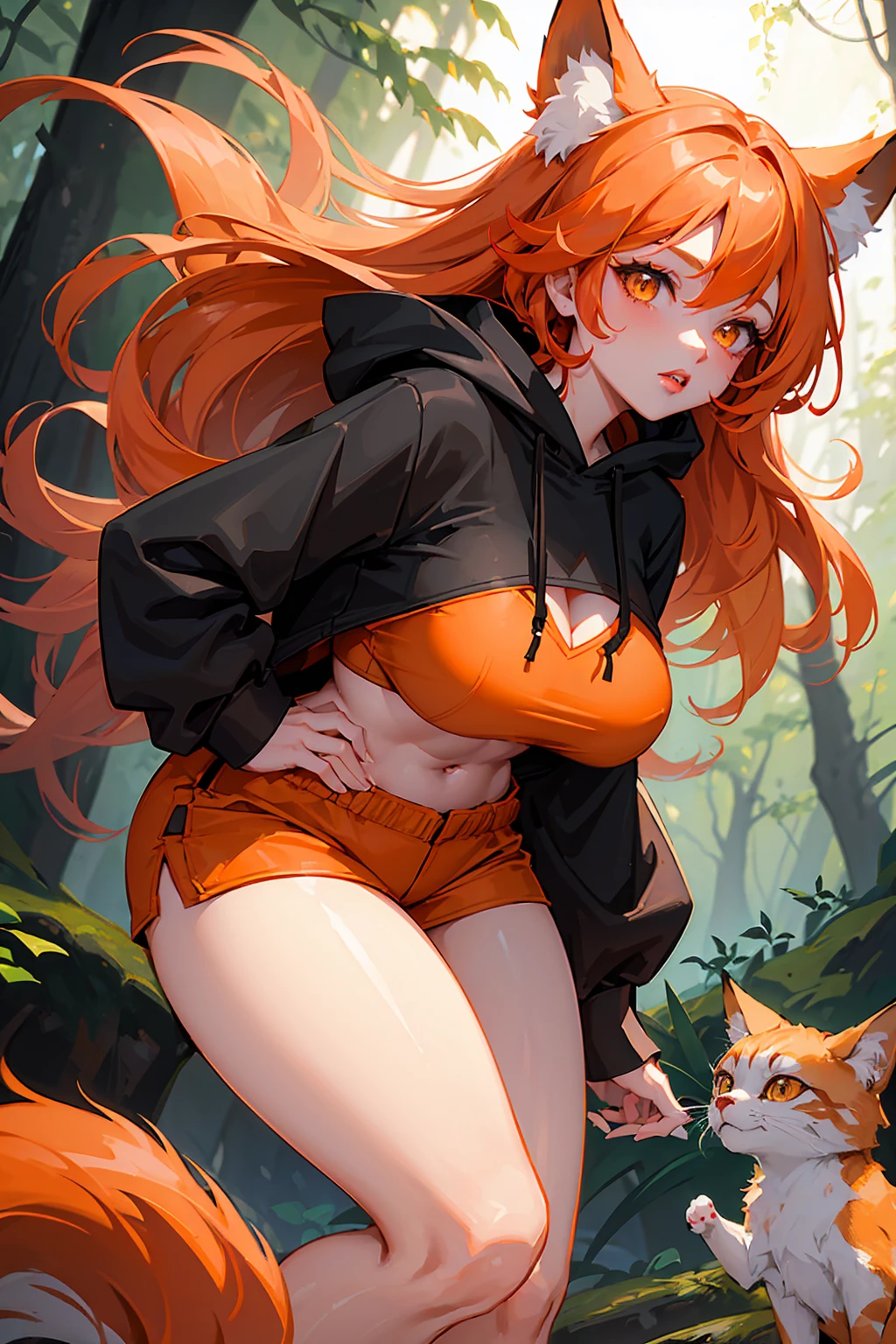 1Woman milf fox demihuman in forest "Giant breasts" + "wide hips" + " tiny waist" + "white eyes" + "Cat legs" + " Long orange Hair" +"Red Lips" + two furry tails + "Lucious Lips"”) outfit: (Black shorts, black hoodie), close angle