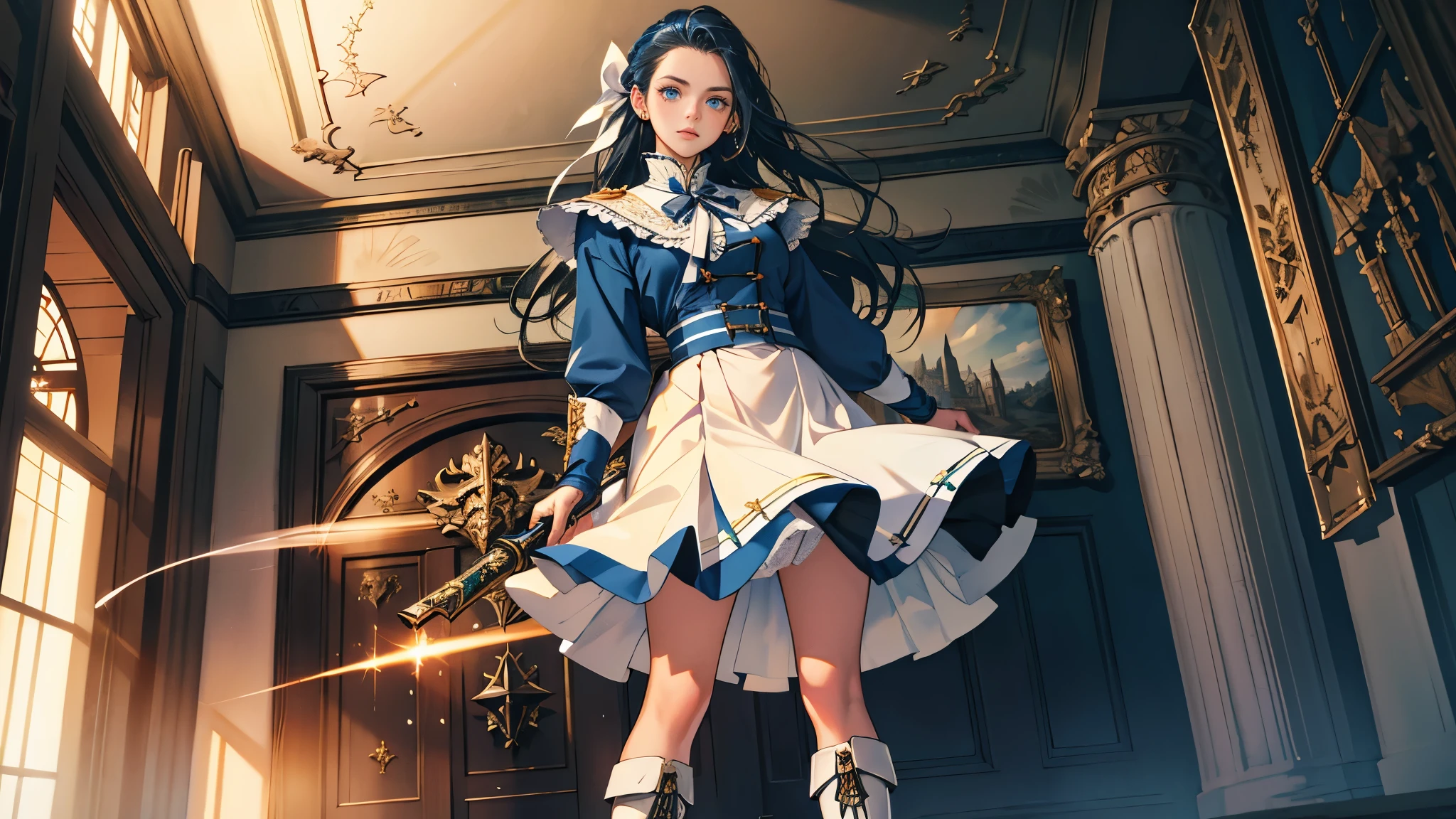 masterpiece, ultra detailed, 8k portrait, RAW photo, portrait photography, highly detailed face, beautiful and meticulous eyes, dark blue hair, long hair, blue eyes, white hair ribbon, orange colored military uniform, green pleats mini skirt, white chest armor, white tights, half boots, standing, (equip a beam sabel:1.5), by the old castle, in mid night,