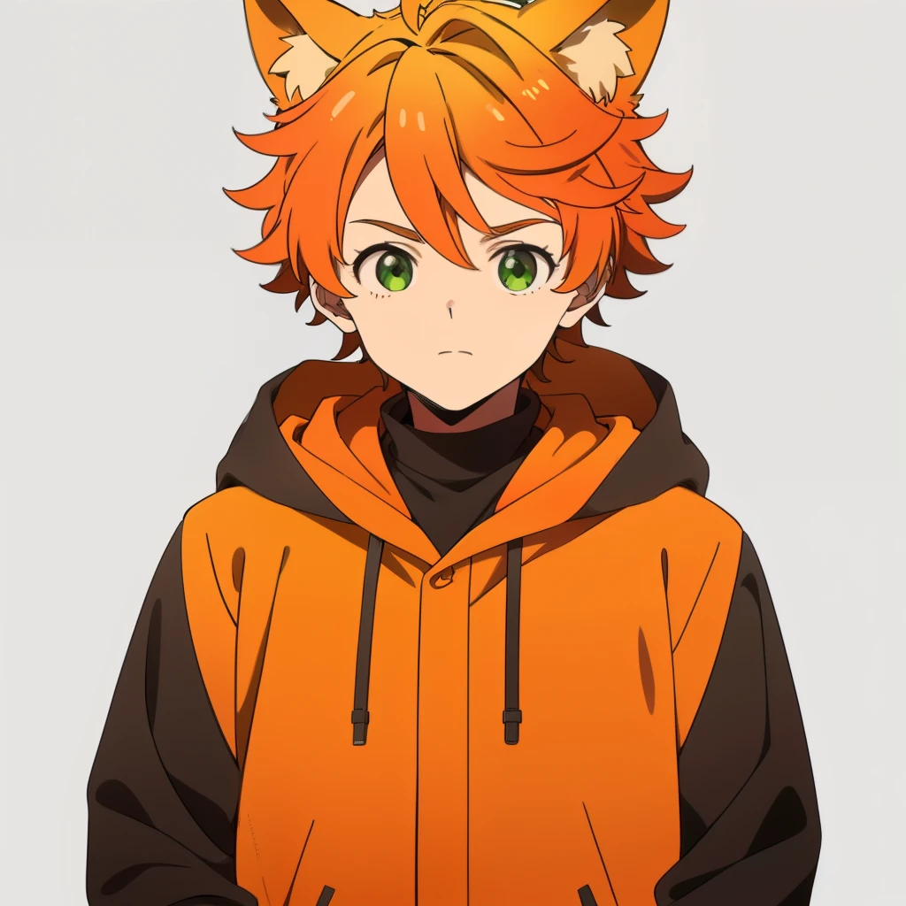 orange hair, green eyes, boy, 10 YO, animal ears, cute, shota, black-red-orange jacket