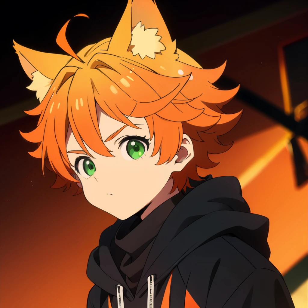 orange hair, green eyes, boy, 10 YO, animal ears, cute, shota, black-red-orange jacket