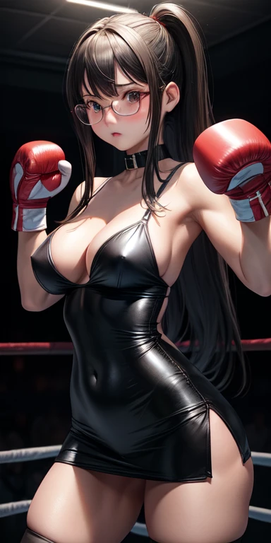 real, 1 girl, Long hair,   Sexy Lingerie，miniskirt，Black tights， blush, Boxing gloves，Cleavage，nipple，Boxing ring，Sexy，Boxing defensive stance，Expression of disdain，Glasses