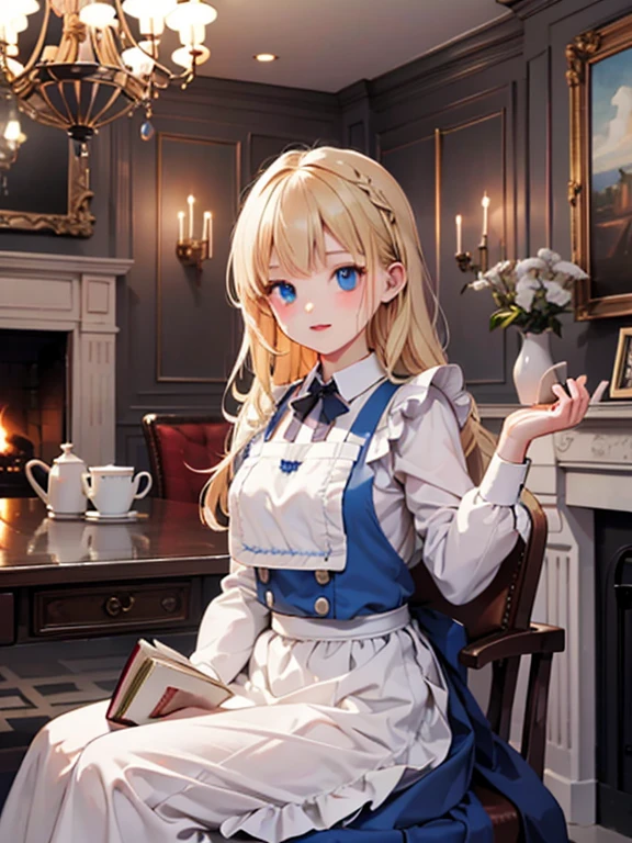 (8k, highest quality, Tabletop:1.2)、Artwork, figure, Ultra-high resolution、Alice in Wonderland, One ****************, Detailed face、blue eyes, Blonde, Braid, Blue Dress, White apron, Clothes with bulging sleeves, Long skirt, room with fireplace, chandelier, Sit on a chair, I read a book