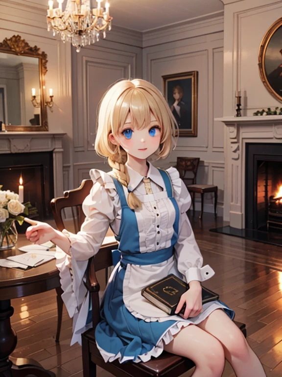 (8k, highest quality, Tabletop:1.2)、Artwork, figure, Ultra-high resolution、Alice in Wonderland, One -yeld gi Detailed face、blue eyes, Blonde, Braid, Blue Dress, White apron, Clothes with bulging sleeves, Long skirt, room with fireplace, chandelier, Sit on a chair, I read a book