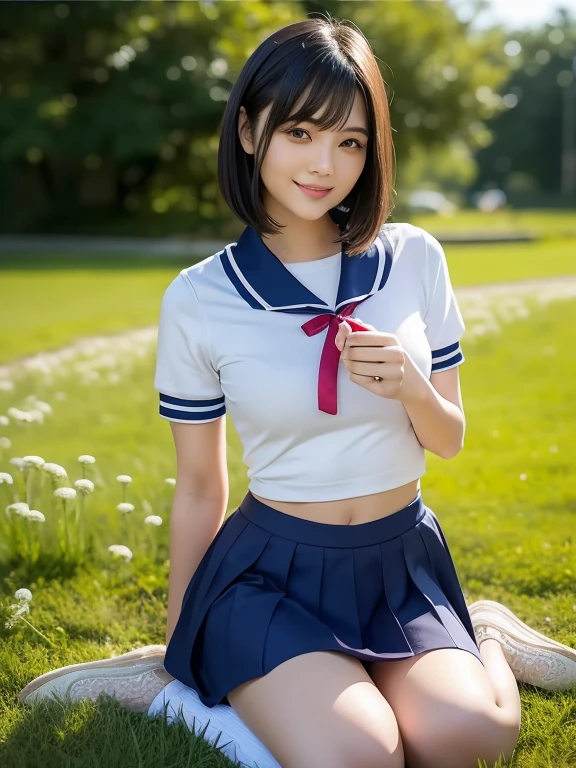 (highest quality:1.5)、(Realistic:1.5)、(1 person:1.5)、Very detailed、High resolution、8k、medium breasts、Natural color lips、Cute Smile、Japanese women、20-year-old girl、Beautiful and elegant face、Perfect and beautiful face、Balanced big eyes、Brunette eyes、Beautiful and elegant face、Natural double eyelids、Natural Bangs、Beautiful thin nose、Beautiful Skin、(Medium Bob Hair)、Natural Bangs、Perfect and beautiful face、Slim face and figure、Summer blue sky、Grass park on the mountain、Look at the viewers、(White short-sleeved blouse), (navy pleated micro miniskirt)、Knee-high socks、Beautiful navel、Open the navel、Wearing a school sailor uniform that exposes her navel、(Staring at the camera with a sweet smile)、Bright lighting、Professional Lighting、Forward lighting、Beautiful feet:1.2、Smooth Skin、Slim Body、Slim waistline、slim thin thighs、(Kneeling on the grass)、(Take a photo from slightly below)、Stand on one knee、A lawn with white clover blooming sparsely、Dandelions are blooming sparsely on the lawn、(Large ribbon on the chest)、
