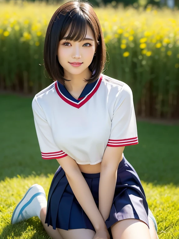 (highest quality:1.5)、(Realistic:1.5)、(1 person:1.5)、Very detailed、High resolution、8k、medium breasts、Natural color lips、Cute Smile、Japanese women、20-year-old girl、Beautiful and elegant face、Perfect and beautiful face、Balanced big eyes、Brunette eyes、Beautiful and elegant face、Natural double eyelids、Natural Bangs、Beautiful thin nose、Beautiful Skin、(Medium Bob Hair)、Natural Bangs、Perfect and beautiful face、Slim face and figure、Summer blue sky、Grass park on the mountain、Look at the viewers、(White short-sleeved blouse), (navy pleated micro miniskirt)、Knee-high socks、Beautiful navel、Open the navel、Wearing a school sailor uniform that exposes her navel、(Staring at the camera with a sweet smile)、Bright lighting、Professional Lighting、Forward lighting、Beautiful feet:1.2、Smooth Skin、Slim Body、Slim waistline、slim thin thighs、(Kneeling on the grass)、(Take a photo from slightly below)、Stand on one knee、A lawn with white clover blooming sparsely、Dandelions are blooming sparsely on the lawn、(Large ribbon on the chest)、