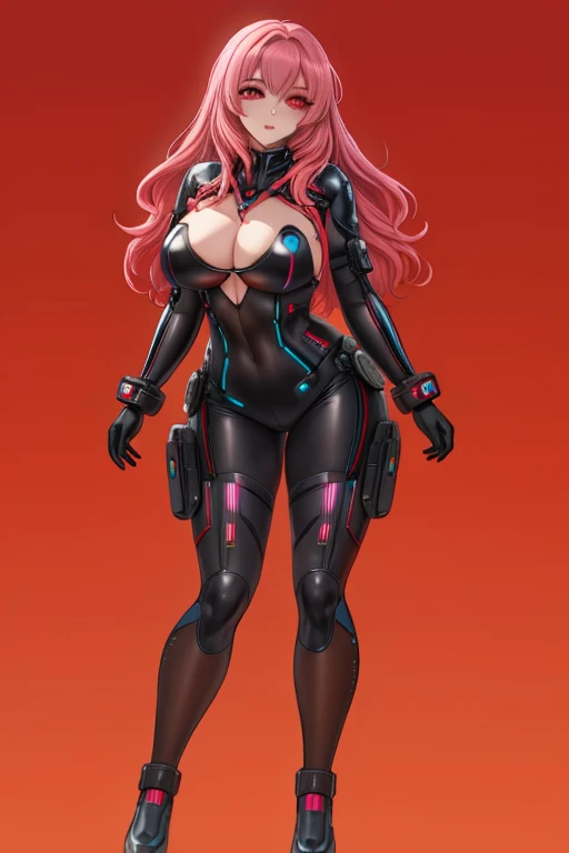 woman in the style of pink hair, Full body ,red eyes, in a futuristic leather black suit, with a red background