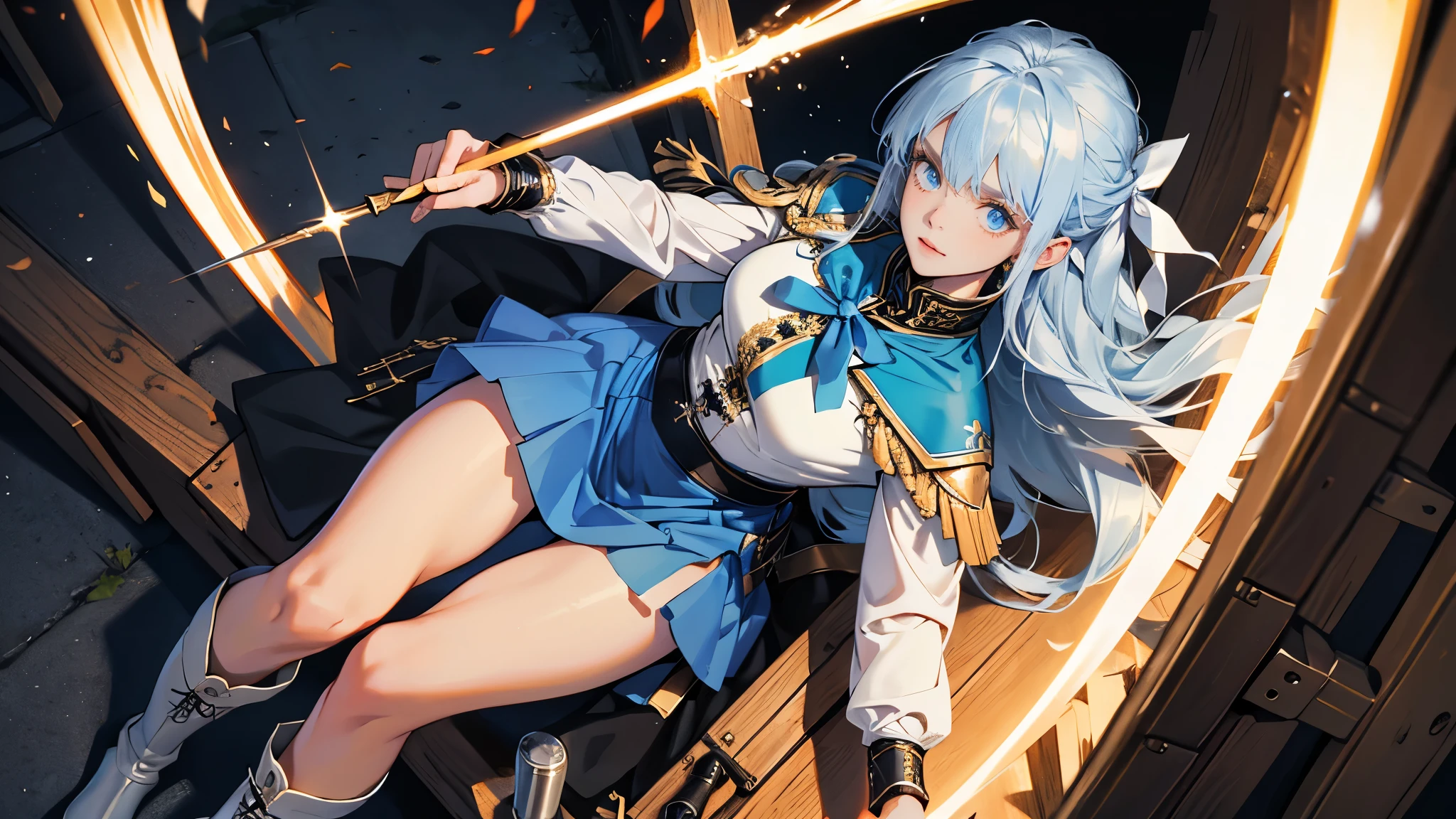 masterpiece, ultra detailed, 8k portrait, RAW photo, portrait photography, highly detailed face, beautiful and meticulous eyes, dark blue hair, long hair, blue eyes, white hair ribbon, orange colored military uniform, green pleats mini skirt, white chest armor, white tights, half boots, standing, (equip a beam sabel:1.5), by the old castle, in mid night, from above