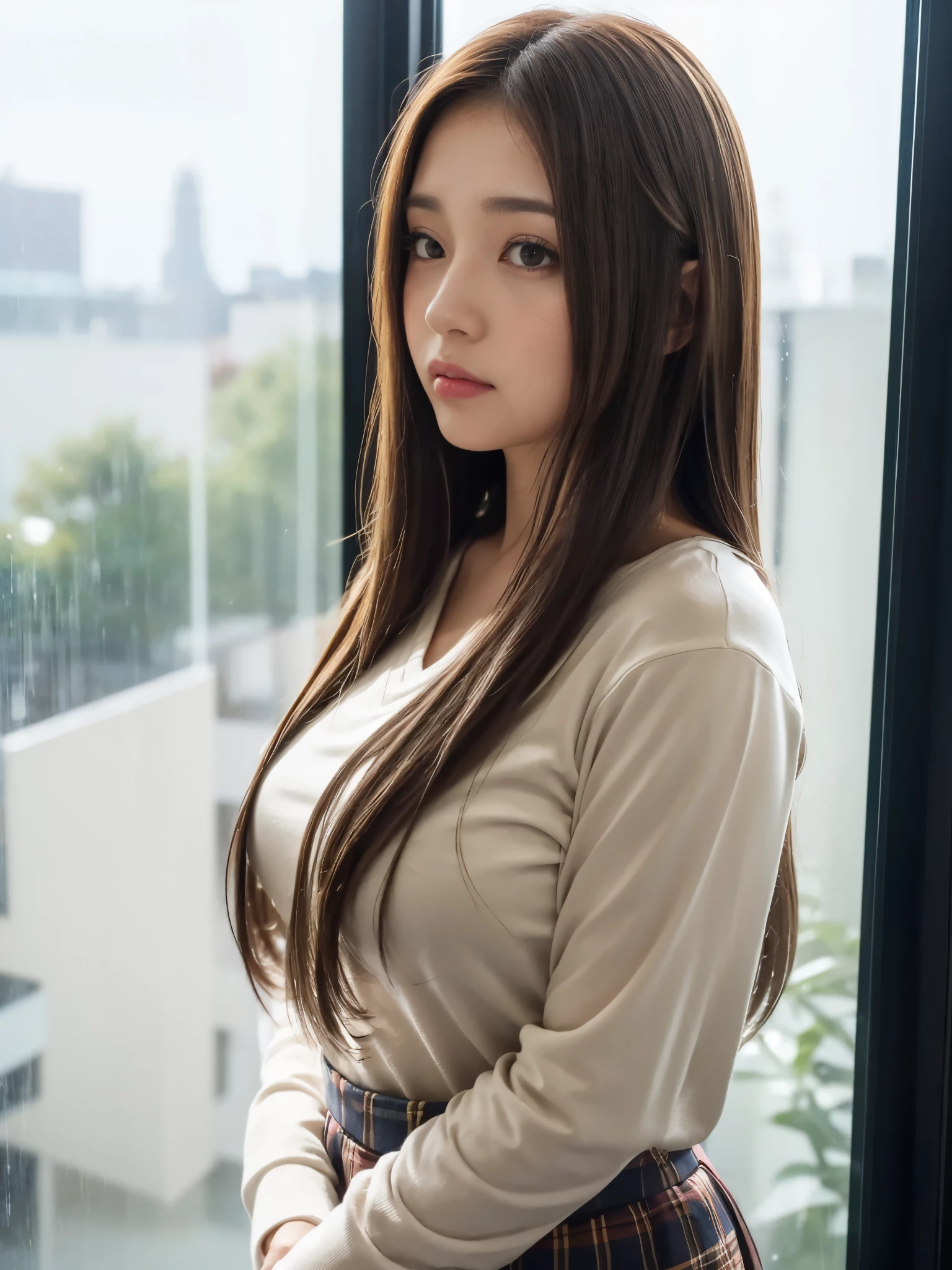 A beautiful Japanese shy girl, age 18 years old, long brown hair, brown big eyes, shiny lip, shiny hair, wearing long sleeve v-neck white shirts, plaid skirt, she is on the huge window, rainy scape, she is looking out the window, The background is very blurry, whole body picture,